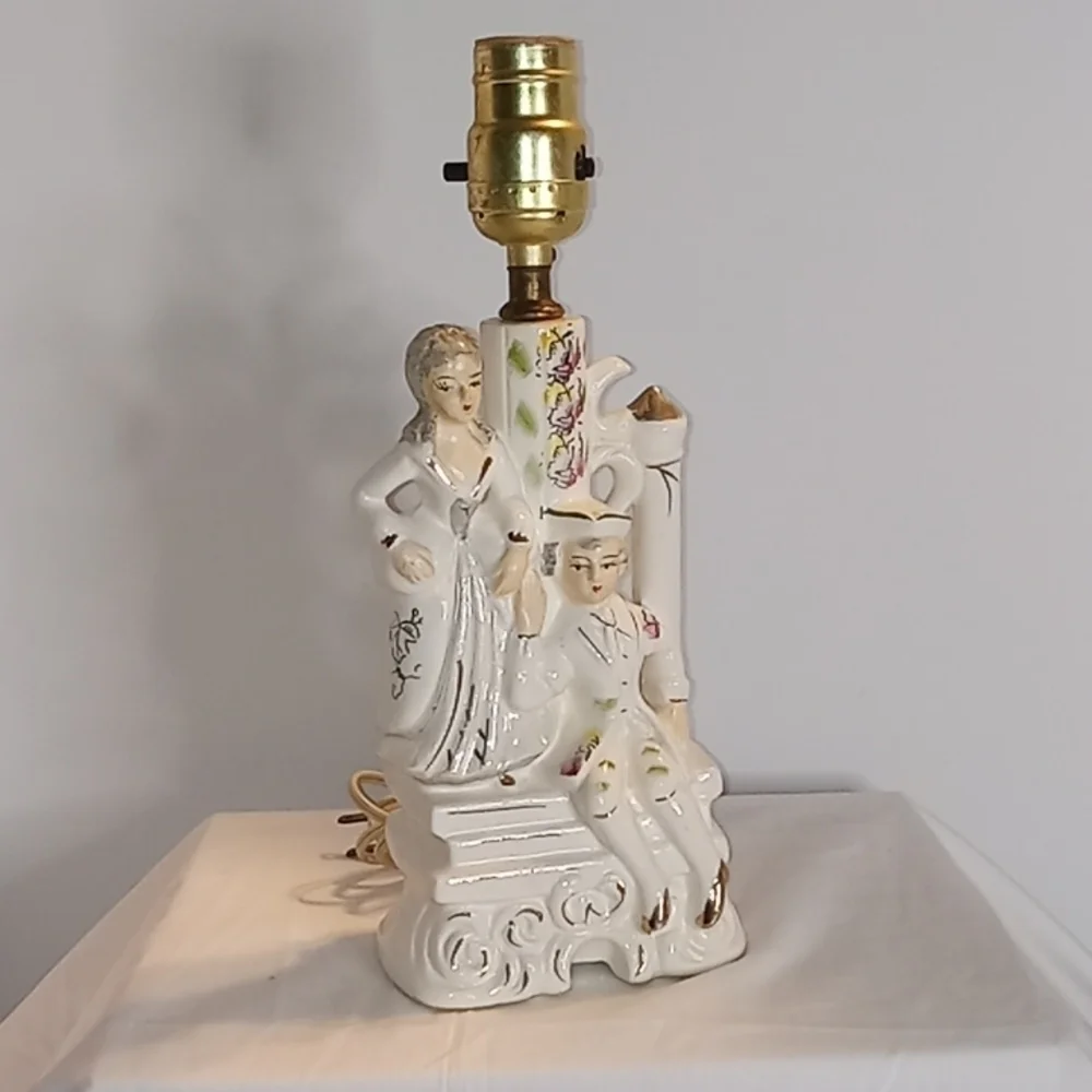 Early 1900's Porcelain Courting Boudoir Lamp Colonial Figures Hand Painted